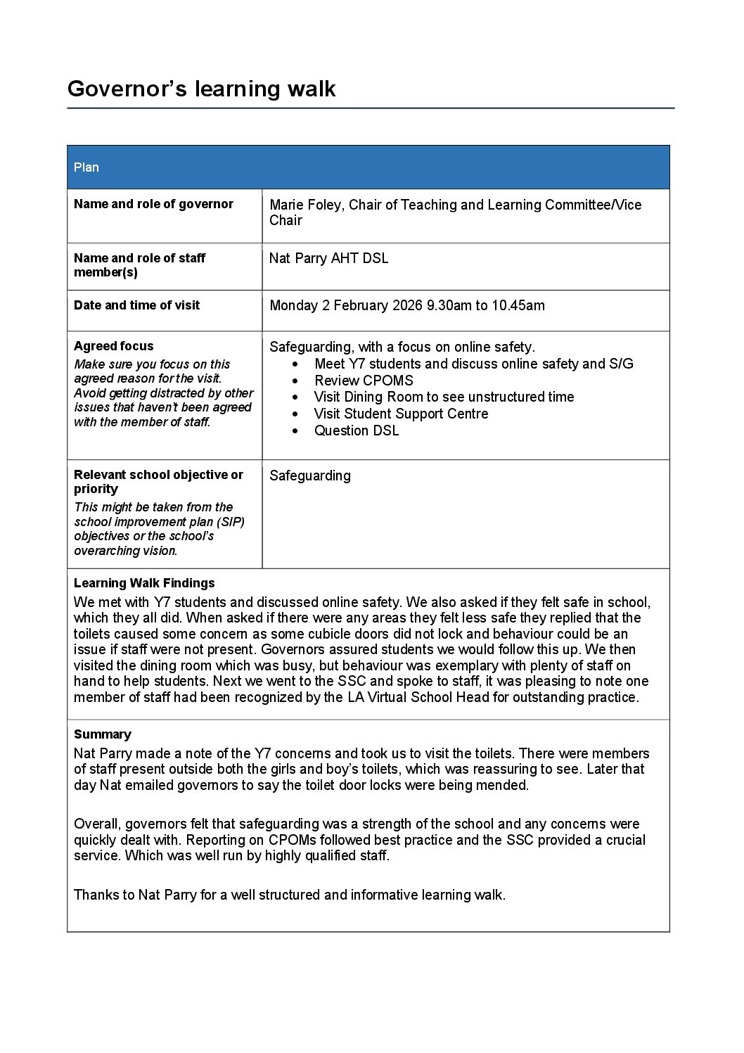 Safeguarding Child Protection Learning Walk Feb 2026