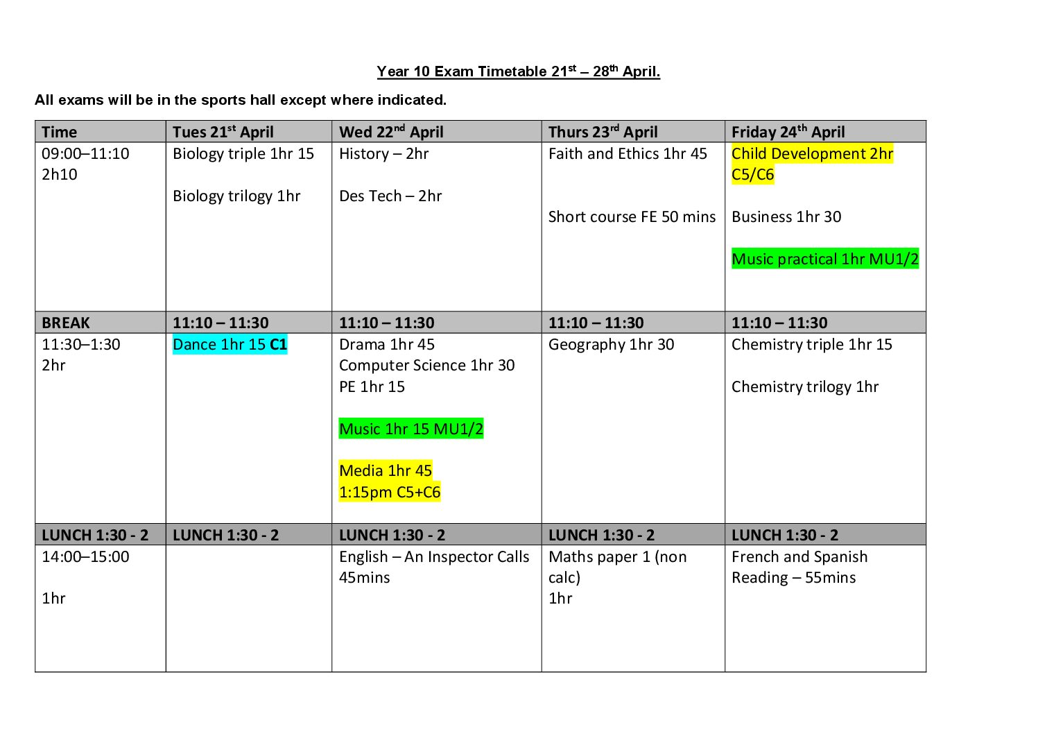 STUDENT TIMETABLE (Year 10)